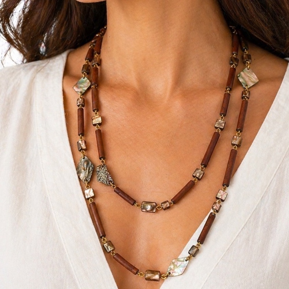 Vintage Wood & abalone Shell Double Strand Long Beaded Necklace 24in